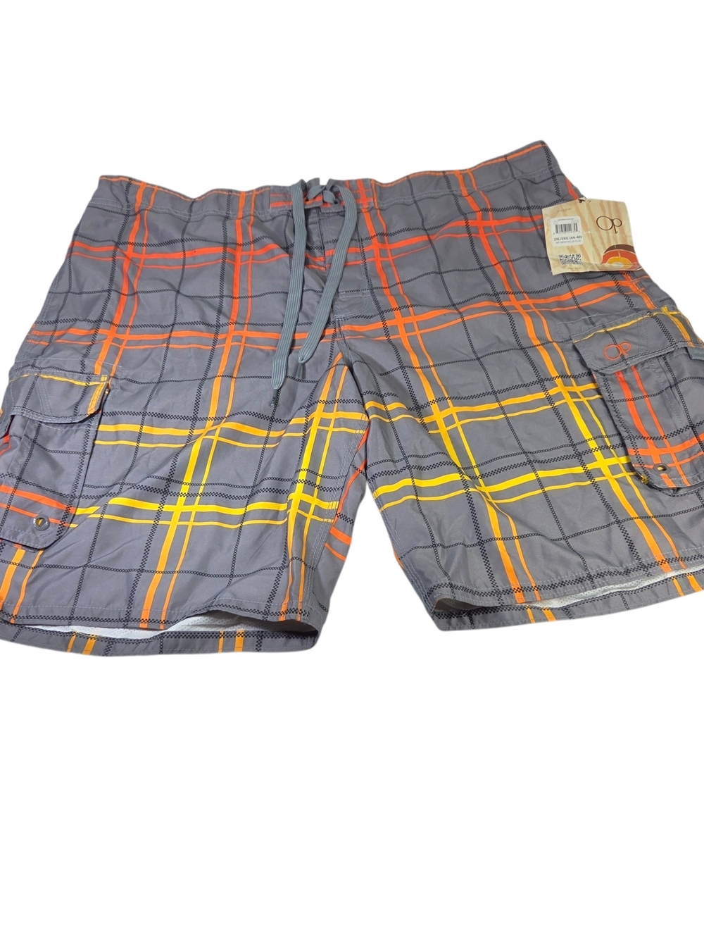 OP Gray Plaid Swim Trunks with Orange Accent. Size 2XL